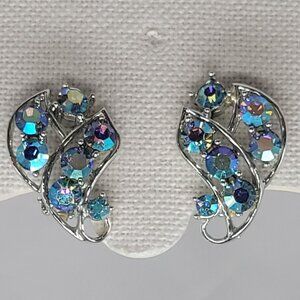 Vtg Blue AB Rhinestone Clip-On Earrings Silver-Tone Elegant Leaf Design Statemen
